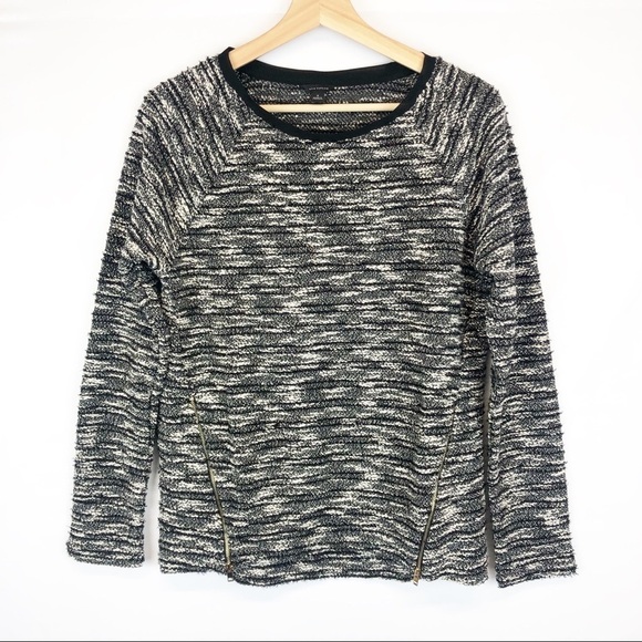 Ann‎ Taylor Marled Black Crew Neck Tweed Knit Side Zip Oversized Sweater S - Picture 1 of 6